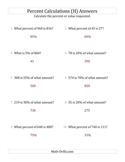 The Mixed Percent Problems with Whole Number Amounts and Multiples of 5 Percents (H) Math Worksheet Page 2