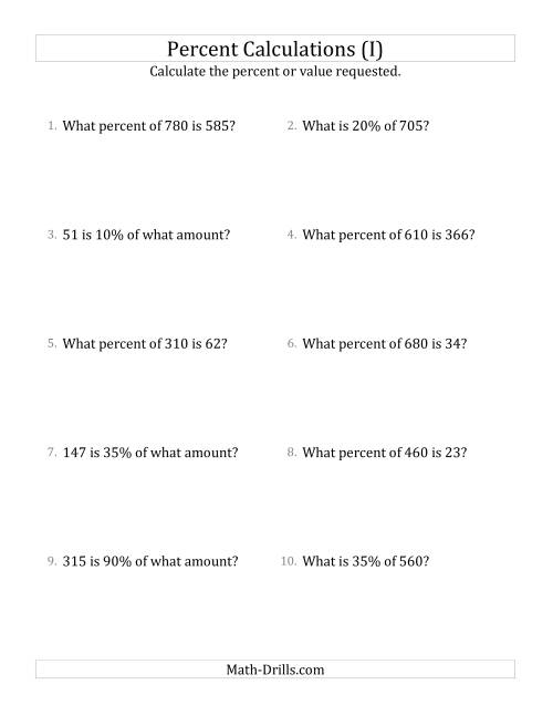 The Mixed Percent Problems with Whole Number Amounts and Multiples of 5 Percents (I) Math Worksheet