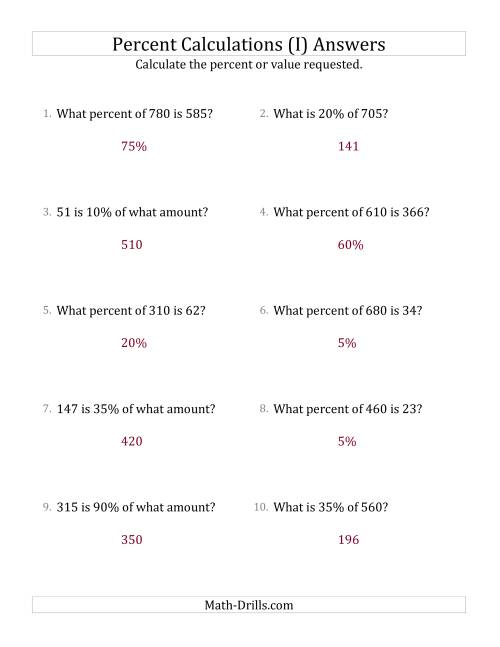 The Mixed Percent Problems with Whole Number Amounts and Multiples of 5 Percents (I) Math Worksheet Page 2