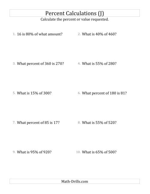 The Mixed Percent Problems with Whole Number Amounts and Multiples of 5 Percents (J) Math Worksheet