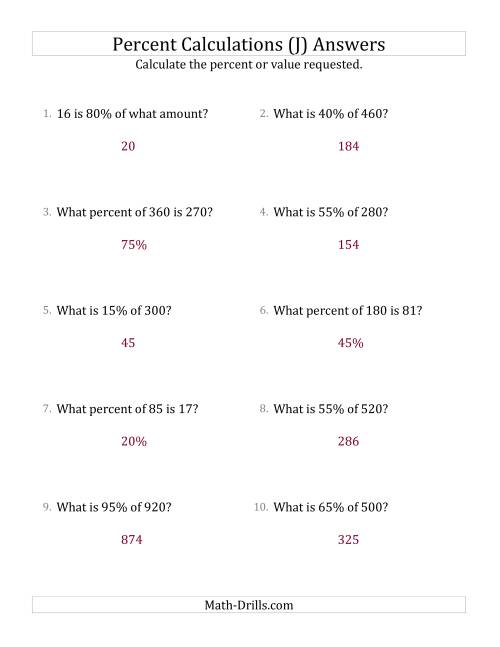 The Mixed Percent Problems with Whole Number Amounts and Multiples of 5 Percents (J) Math Worksheet Page 2