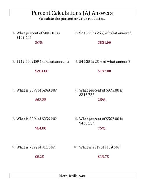 The Mixed Percent Problems with Decimal Currency Amounts and Multiples of 25 Percents (A) Math Worksheet Page 2