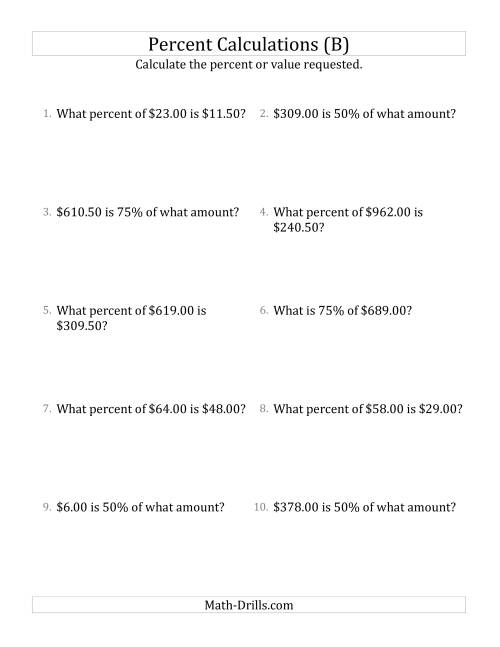 The Mixed Percent Problems with Decimal Currency Amounts and Multiples of 25 Percents (B) Math Worksheet