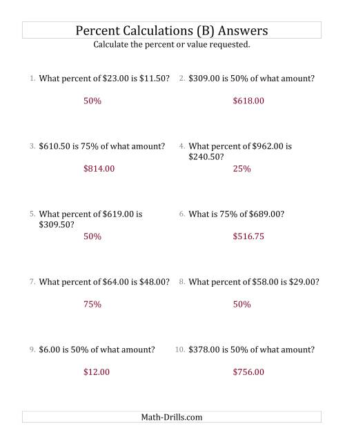 The Mixed Percent Problems with Decimal Currency Amounts and Multiples of 25 Percents (B) Math Worksheet Page 2