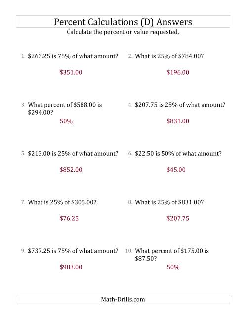 The Mixed Percent Problems with Decimal Currency Amounts and Multiples of 25 Percents (D) Math Worksheet Page 2