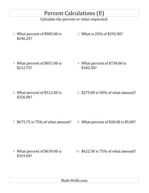 The Mixed Percent Problems with Decimal Currency Amounts and Multiples of 25 Percents (E) Math Worksheet