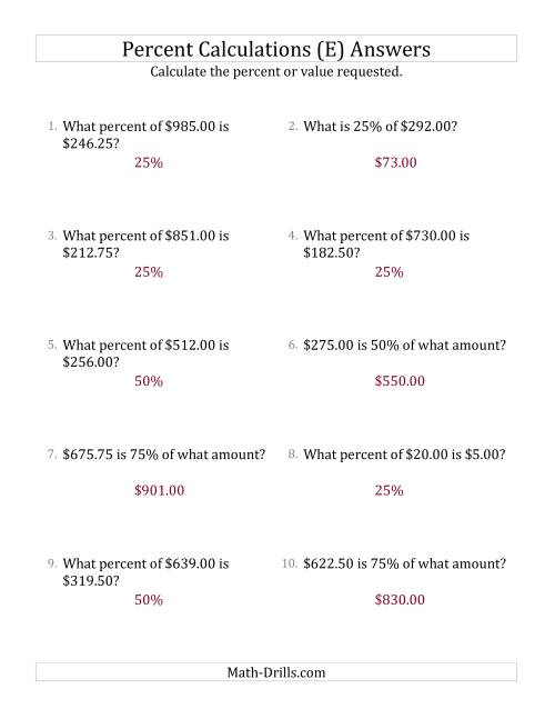The Mixed Percent Problems with Decimal Currency Amounts and Multiples of 25 Percents (E) Math Worksheet Page 2