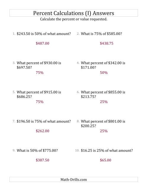 The Mixed Percent Problems with Decimal Currency Amounts and Multiples of 25 Percents (I) Math Worksheet Page 2