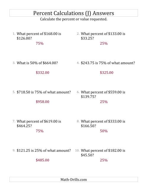 The Mixed Percent Problems with Decimal Currency Amounts and Multiples of 25 Percents (J) Math Worksheet Page 2