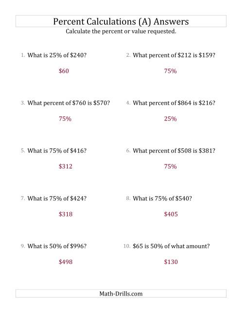 The Mixed Percent Problems with Whole Number Currency Amounts and Multiples of 25 Percents (A) Math Worksheet Page 2