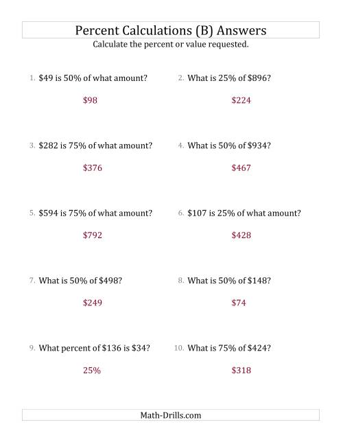 The Mixed Percent Problems with Whole Number Currency Amounts and Multiples of 25 Percents (B) Math Worksheet Page 2