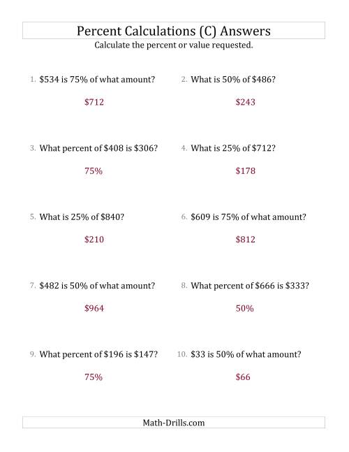 The Mixed Percent Problems with Whole Number Currency Amounts and Multiples of 25 Percents (C) Math Worksheet Page 2