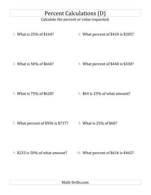 The Mixed Percent Problems with Whole Number Currency Amounts and Multiples of 25 Percents (D) Math Worksheet