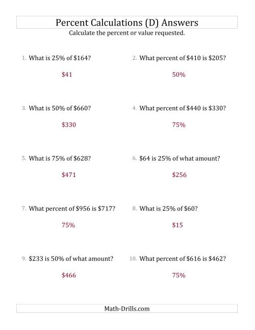 The Mixed Percent Problems with Whole Number Currency Amounts and Multiples of 25 Percents (D) Math Worksheet Page 2