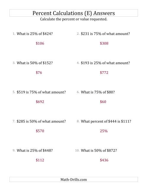The Mixed Percent Problems with Whole Number Currency Amounts and Multiples of 25 Percents (E) Math Worksheet Page 2