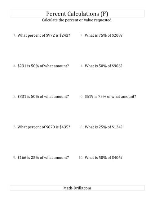 The Mixed Percent Problems with Whole Number Currency Amounts and Multiples of 25 Percents (F) Math Worksheet