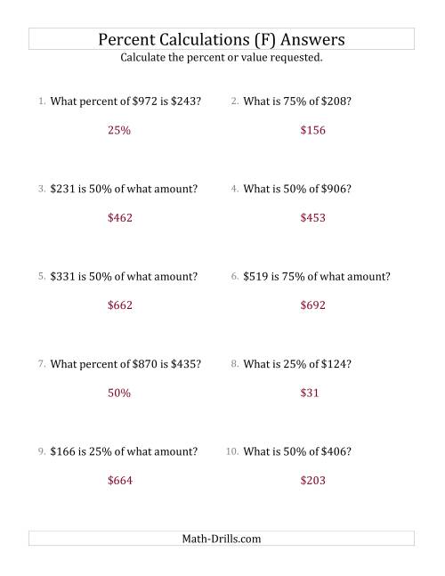 The Mixed Percent Problems with Whole Number Currency Amounts and Multiples of 25 Percents (F) Math Worksheet Page 2