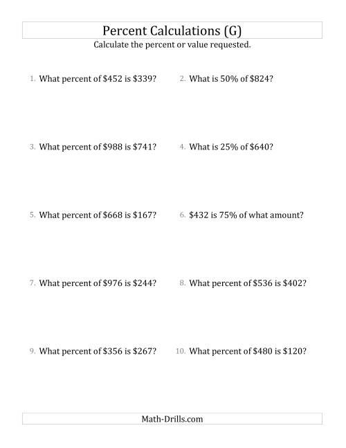 The Mixed Percent Problems with Whole Number Currency Amounts and Multiples of 25 Percents (G) Math Worksheet