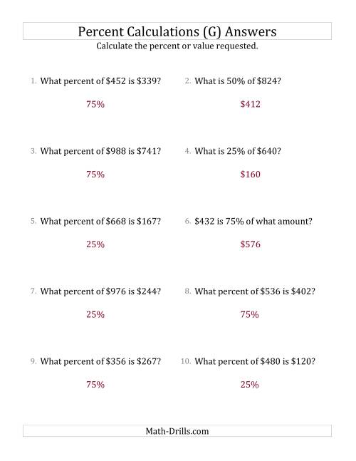 The Mixed Percent Problems with Whole Number Currency Amounts and Multiples of 25 Percents (G) Math Worksheet Page 2