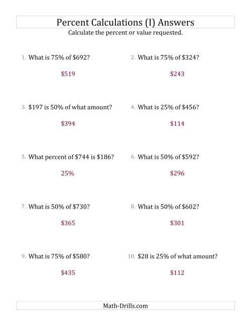 The Mixed Percent Problems with Whole Number Currency Amounts and Multiples of 25 Percents (I) Math Worksheet Page 2