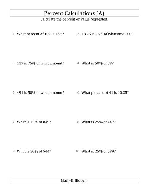 The Mixed Percent Problems with Decimal Amounts and Multiples of 25 Percents (A) Math Worksheet