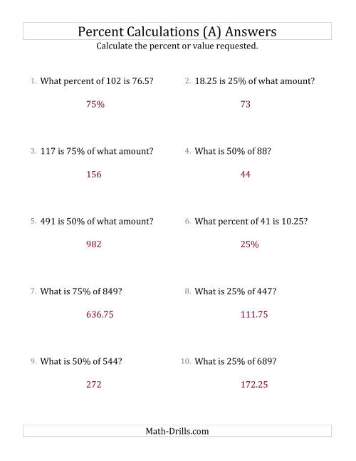 The Mixed Percent Problems with Decimal Amounts and Multiples of 25 Percents (A) Math Worksheet Page 2
