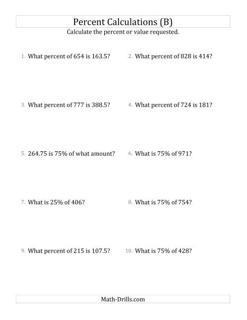 The Mixed Percent Problems with Decimal Amounts and Multiples of 25 Percents (B) Math Worksheet