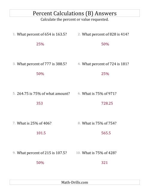 The Mixed Percent Problems with Decimal Amounts and Multiples of 25 Percents (B) Math Worksheet Page 2