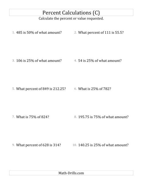 The Mixed Percent Problems with Decimal Amounts and Multiples of 25 Percents (C) Math Worksheet