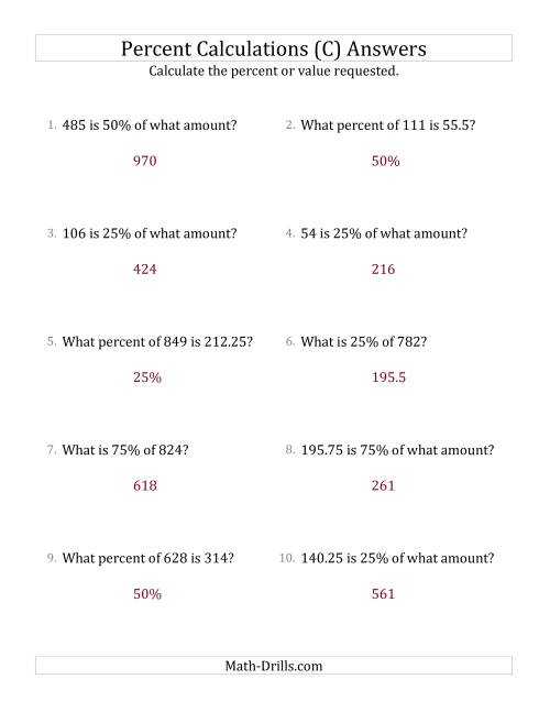 The Mixed Percent Problems with Decimal Amounts and Multiples of 25 Percents (C) Math Worksheet Page 2