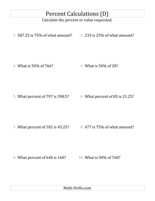The Mixed Percent Problems with Decimal Amounts and Multiples of 25 Percents (D) Math Worksheet