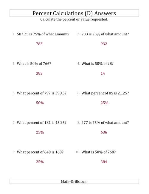 The Mixed Percent Problems with Decimal Amounts and Multiples of 25 Percents (D) Math Worksheet Page 2