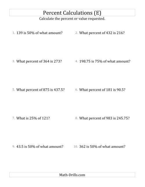 The Mixed Percent Problems with Decimal Amounts and Multiples of 25 Percents (E) Math Worksheet