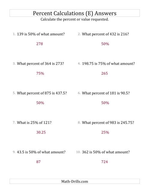 The Mixed Percent Problems with Decimal Amounts and Multiples of 25 Percents (E) Math Worksheet Page 2