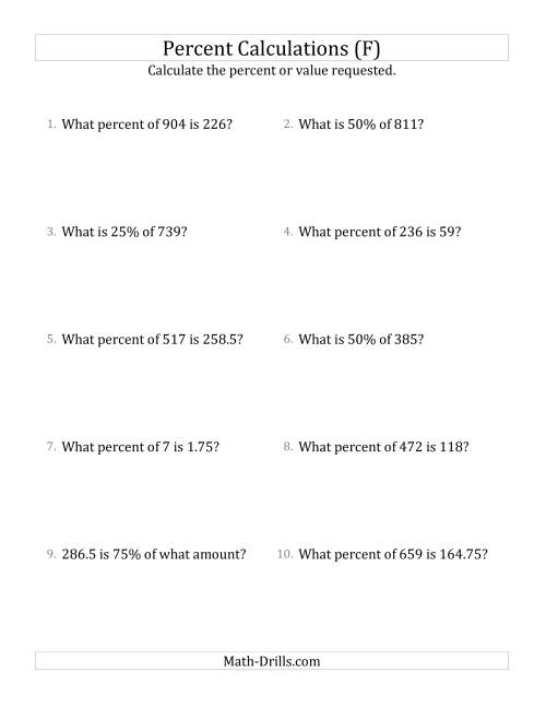 The Mixed Percent Problems with Decimal Amounts and Multiples of 25 Percents (F) Math Worksheet