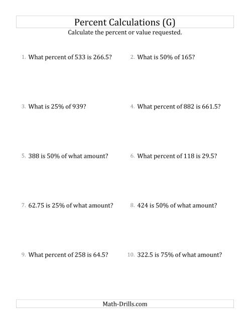 The Mixed Percent Problems with Decimal Amounts and Multiples of 25 Percents (G) Math Worksheet
