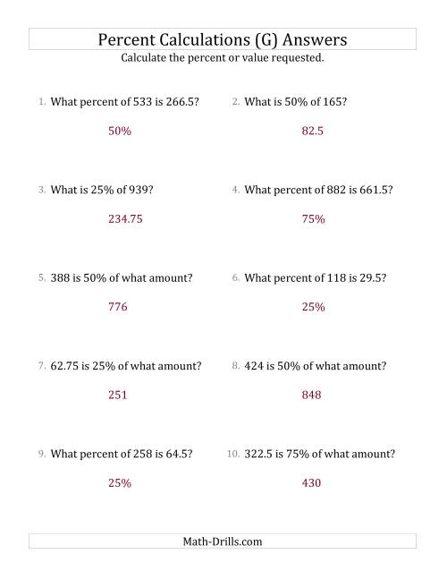 The Mixed Percent Problems with Decimal Amounts and Multiples of 25 Percents (G) Math Worksheet Page 2