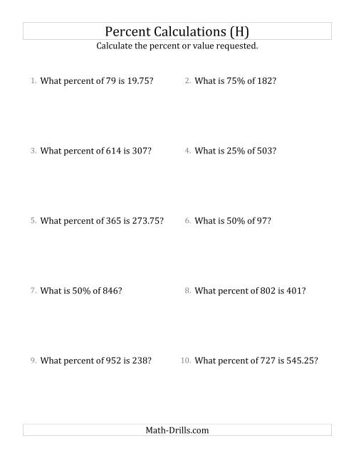 The Mixed Percent Problems with Decimal Amounts and Multiples of 25 Percents (H) Math Worksheet