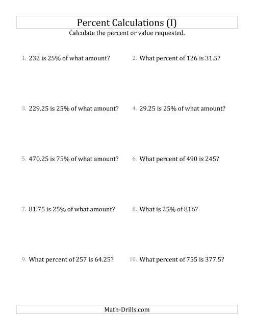 The Mixed Percent Problems with Decimal Amounts and Multiples of 25 Percents (I) Math Worksheet