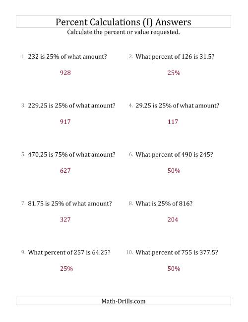 The Mixed Percent Problems with Decimal Amounts and Multiples of 25 Percents (I) Math Worksheet Page 2