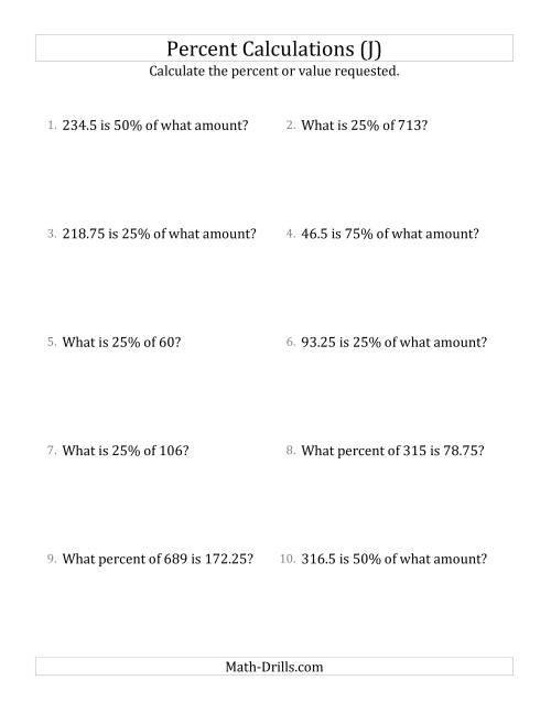 The Mixed Percent Problems with Decimal Amounts and Multiples of 25 Percents (J) Math Worksheet