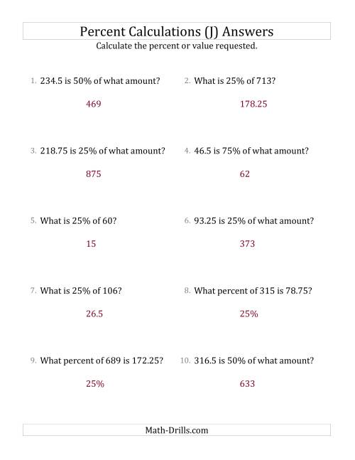 The Mixed Percent Problems with Decimal Amounts and Multiples of 25 Percents (J) Math Worksheet Page 2