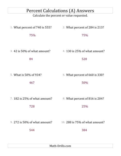 The Mixed Percent Problems with Whole Number Amounts and Multiples of 25 Percents (A) Math Worksheet Page 2