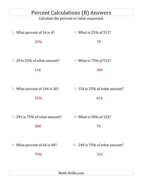 The Mixed Percent Problems with Whole Number Amounts and Multiples of 25 Percents (B) Math Worksheet Page 2