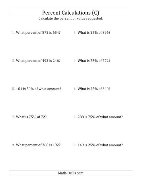 The Mixed Percent Problems with Whole Number Amounts and Multiples of 25 Percents (C) Math Worksheet