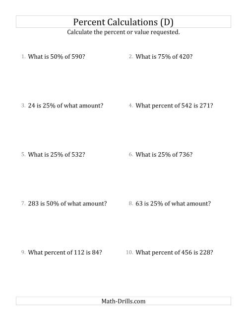 The Mixed Percent Problems with Whole Number Amounts and Multiples of 25 Percents (D) Math Worksheet