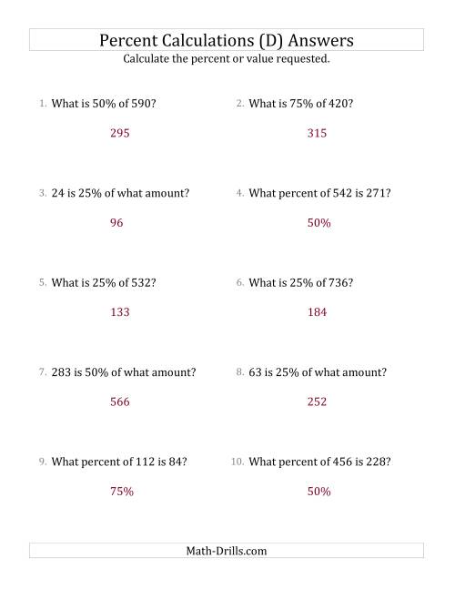 The Mixed Percent Problems with Whole Number Amounts and Multiples of 25 Percents (D) Math Worksheet Page 2