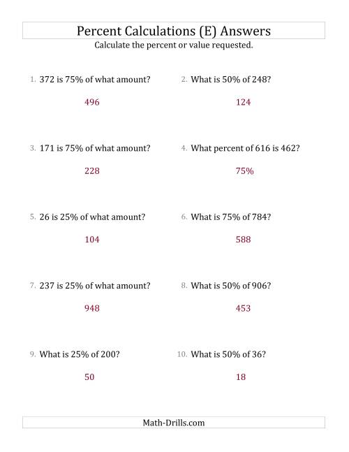 The Mixed Percent Problems with Whole Number Amounts and Multiples of 25 Percents (E) Math Worksheet Page 2