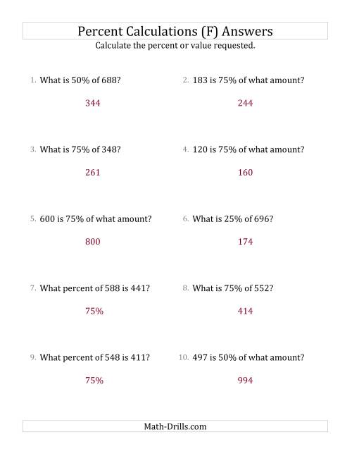 The Mixed Percent Problems with Whole Number Amounts and Multiples of 25 Percents (F) Math Worksheet Page 2