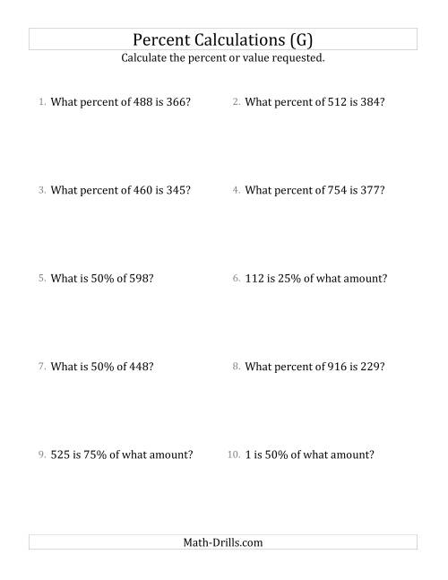The Mixed Percent Problems with Whole Number Amounts and Multiples of 25 Percents (G) Math Worksheet